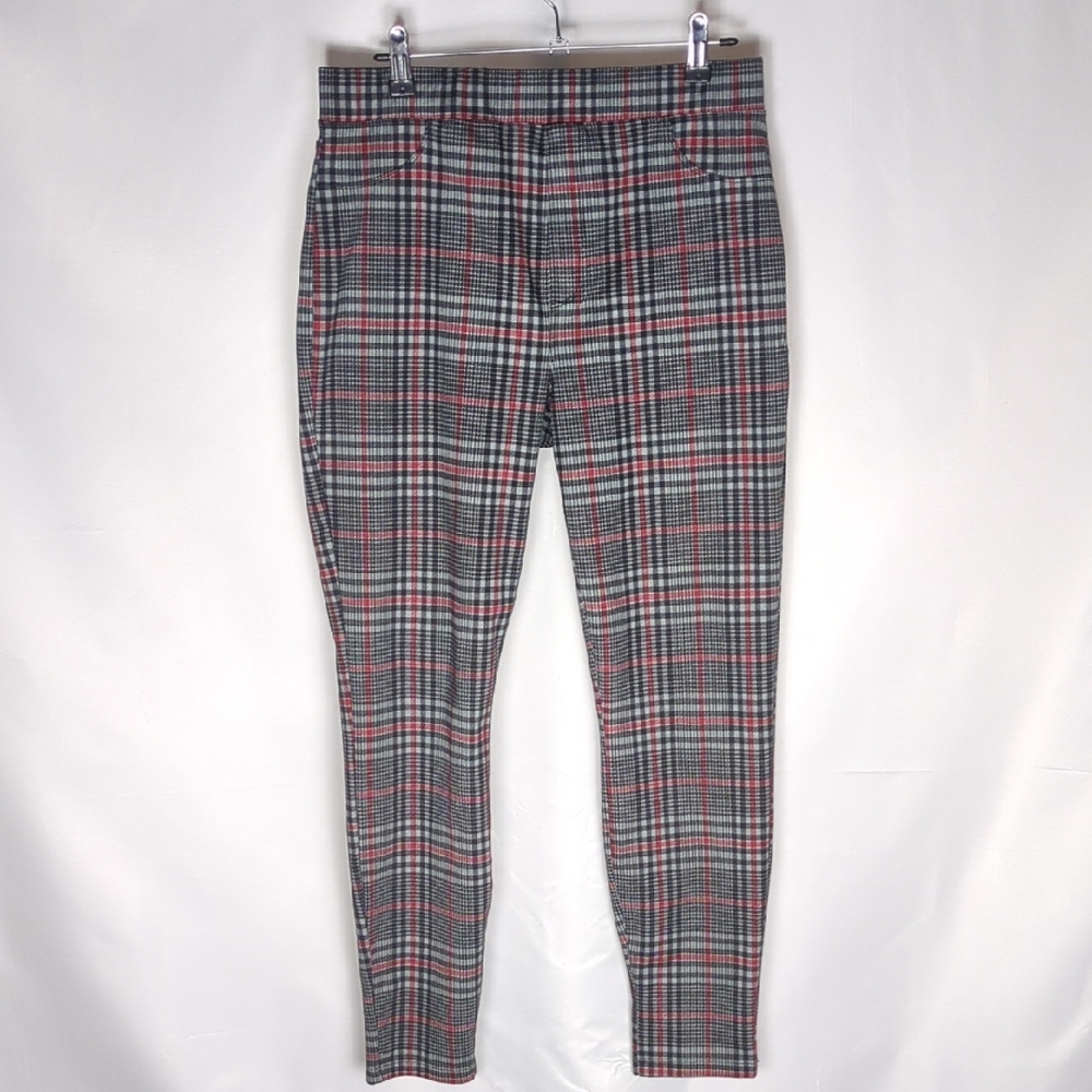 Sanctuary Runway Plaid Leggings Skinny Ponte Pants Grey Red Check Size L
